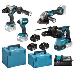 MAKITA - Kit met: DHP492 + DTD153 + DHR243 + DGA506 + 3x BL1850B + DC18RC + 2x Makpac